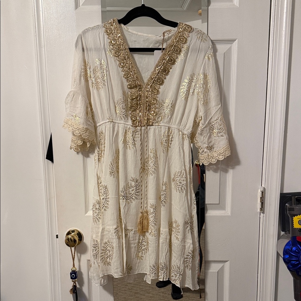 Elegant Cream and Gold Embroidered Mini Dress